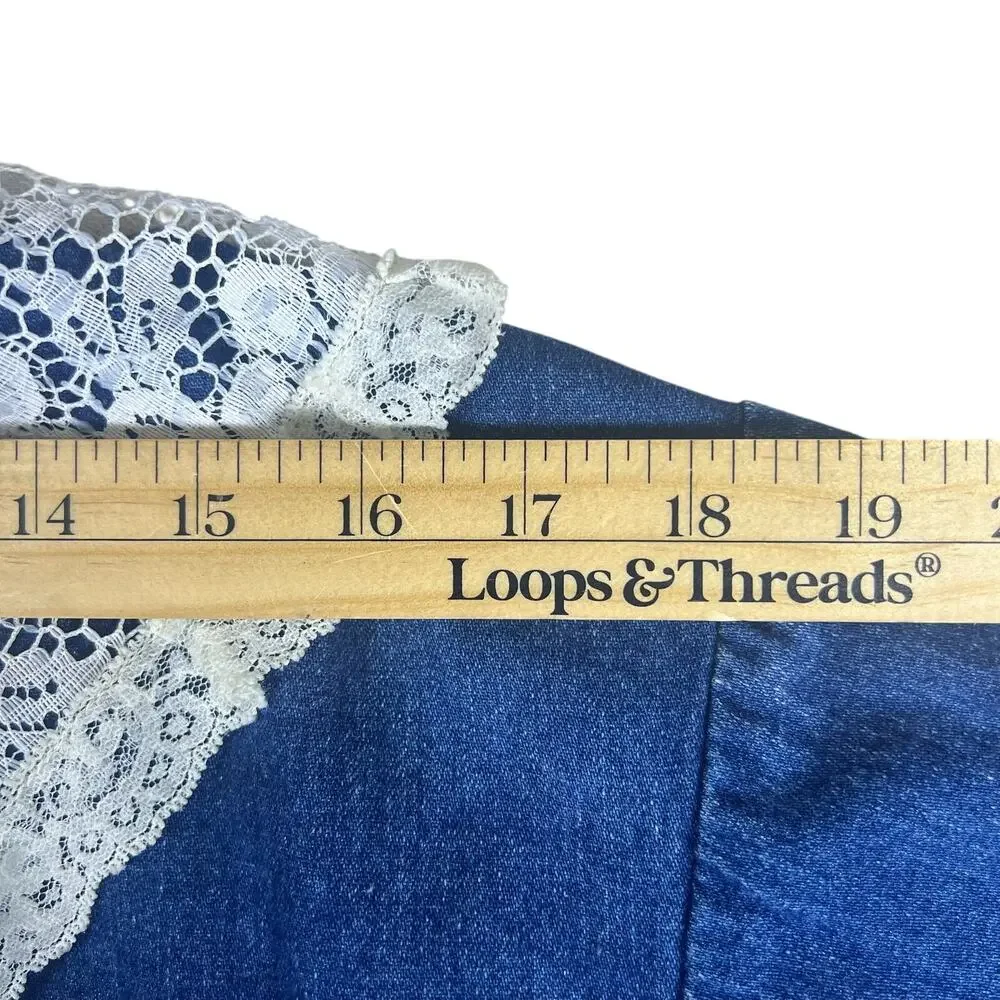 Vintage 80s Denim Prairie Dress Lace Collar M/L Cottagecore Coastal Cowgirl Midi - Picture 9 of 12